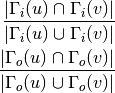 \frac{|\Gamma_i(u) \cap \Gamma_i(v)|}{|\Gamma_i(u) \cup \Gamma_i(v)|}

\frac{|\Gamma_o(u) \cap \Gamma_o(v)|}{|\Gamma_o(u) \cup \Gamma_o(v)|}