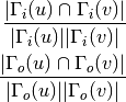 \frac{|\Gamma_i(u) \cap \Gamma_i(v)|}{|\Gamma_i(u)| |\Gamma_i(v)|}

\frac{|\Gamma_o(u) \cap \Gamma_o(v)|}{|\Gamma_o(u)| |\Gamma_o(v)|}